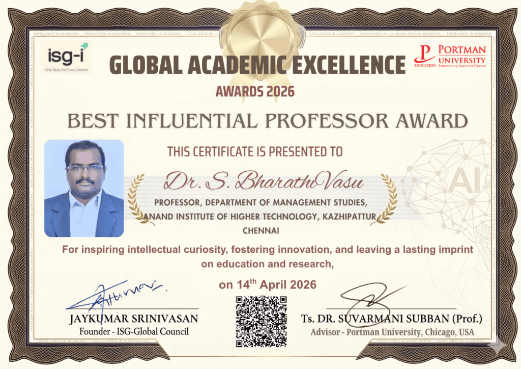 ISG - GAE Awards Dr. S BharathiVasu, Professor, Best influential professor award, Anand Institute of Higher Technology