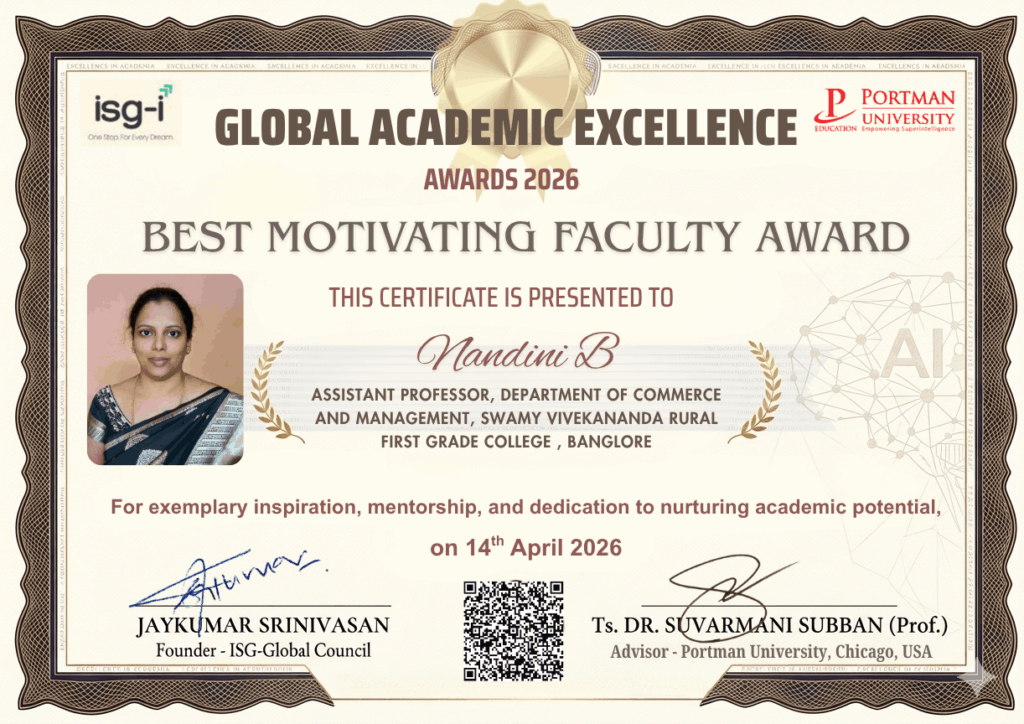 ISG - GAE Awards Best Motivating faculty award to Nandhini S. Swamy Vivekananda First Grade rural college Bangalore