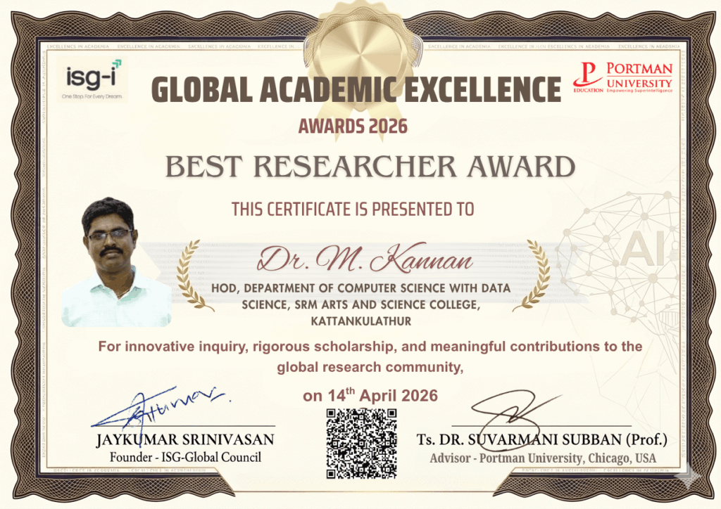 ISG Awards Dr. M. Kannan, HOD, Department of Computer Science with Data Science, SRM Arts and Science College, Kattankulathur