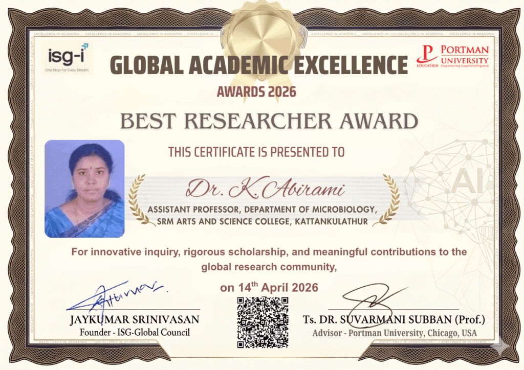 ISG Awards Best Researcher Award to Dr. K. Abirami, Department of Microbiology, SRM Arts and Science College, Kattankulathur