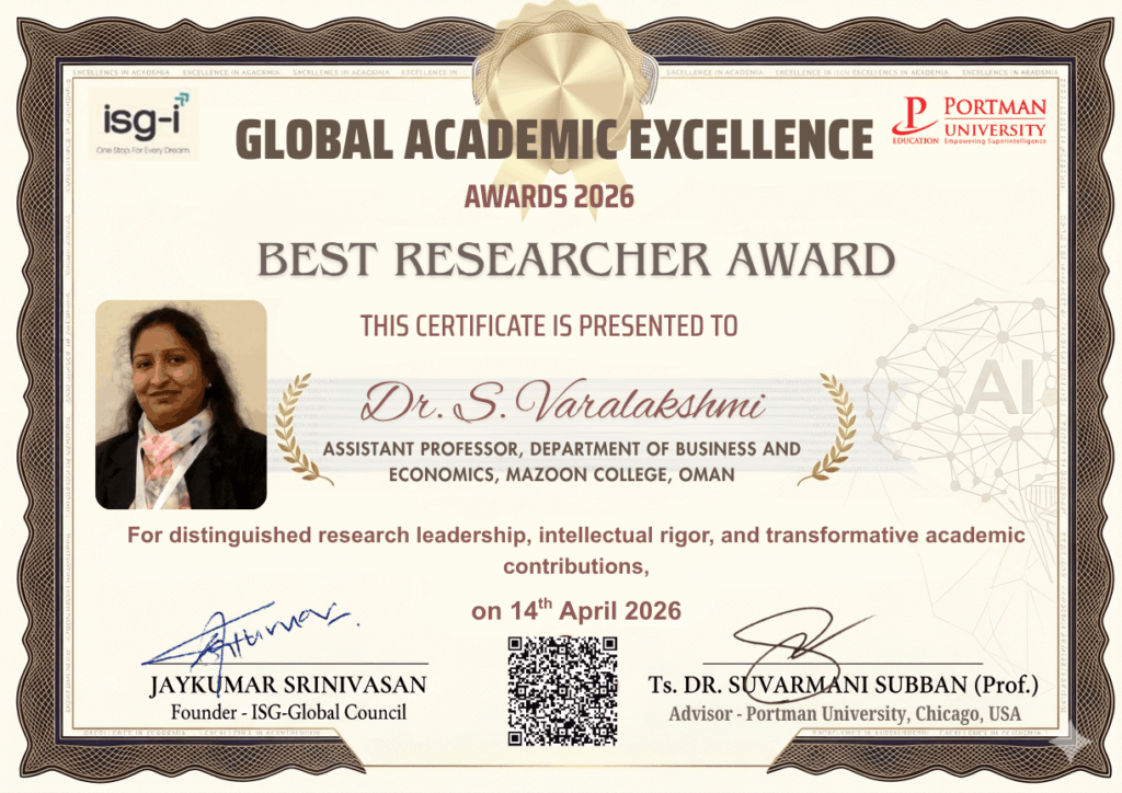 ISG Awards Dr S Varalakshmi, best reseearcher award, Mazoon College Oman