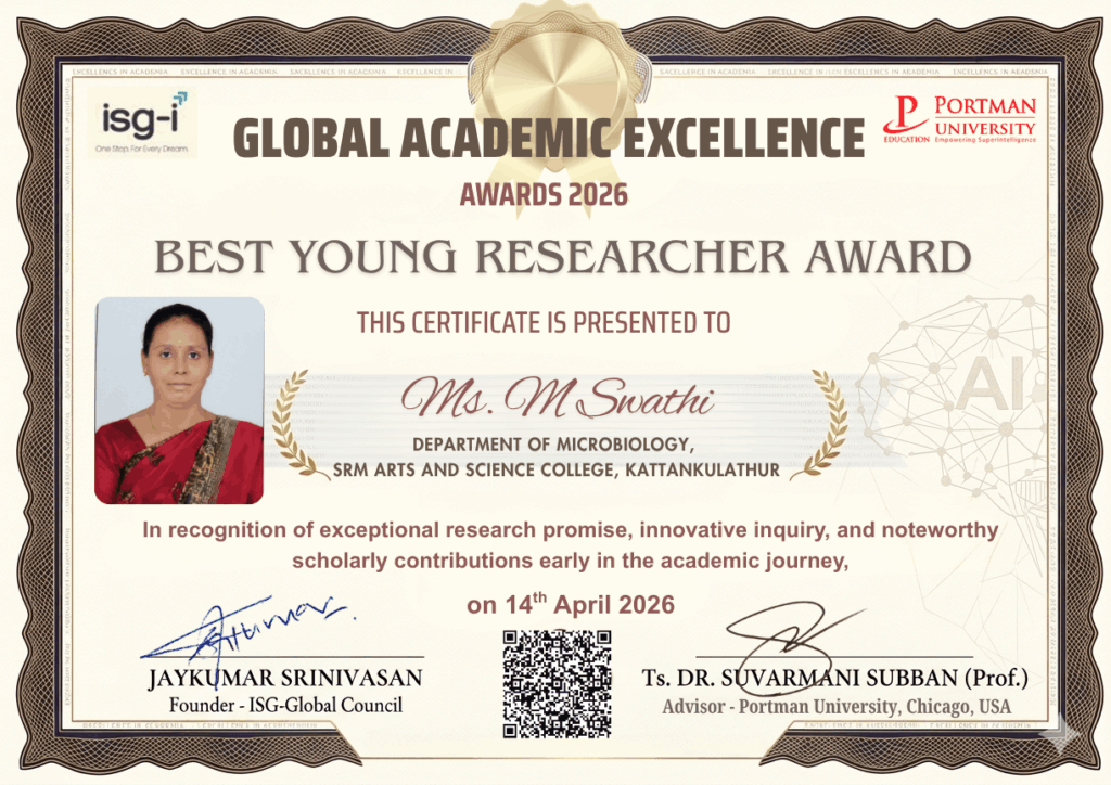 Best Young Researcher Award Presented to Ms. M Swathi, Department of Microbiology, SRM Arts and Science College, Kattankulathur.