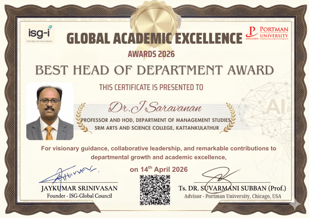 Best HOD Award 2026 Dr. J. Saravanan Professor and HOD MBA, SRM Arts and Science College