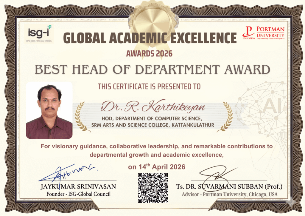 ISG - GAE Best HOD to Dr. R Karthikeyan, HOD SRM Arts and Science College