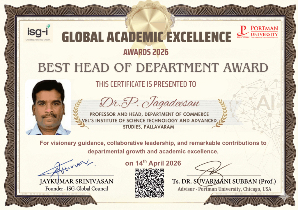 ISG - GAEA Awards Dr.P Jagadeesan Best HOD MBA department Vel's Insitute of Science and Technology