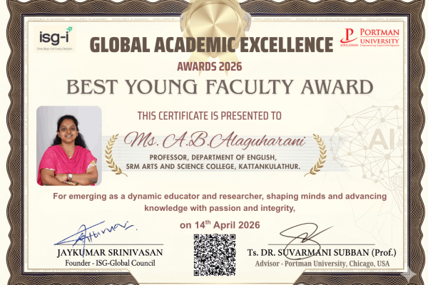 ISG Awards for Best young faculty Award to Ms. A.B.Alaguharani, Professor, Department of English, SRM Arts and Science College, Kattankulathur