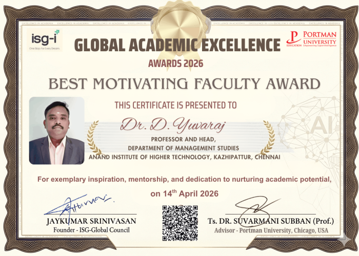 ISG - GAE Awards Best Motivating faculty Award to Dr. Yuvaraj AIHT, Chennai