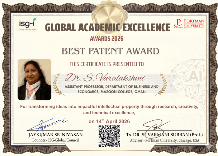 ISG Awards Best Patent Award to Dr. Varalakshmi Mazoon college, Oman